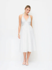 100% Cotton Textured Halter Neck Broderie Anglaise Wrap Flared Midi Dress