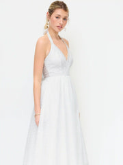 100% Cotton Textured Halter Neck Broderie Anglaise Wrap Flared Midi Dress