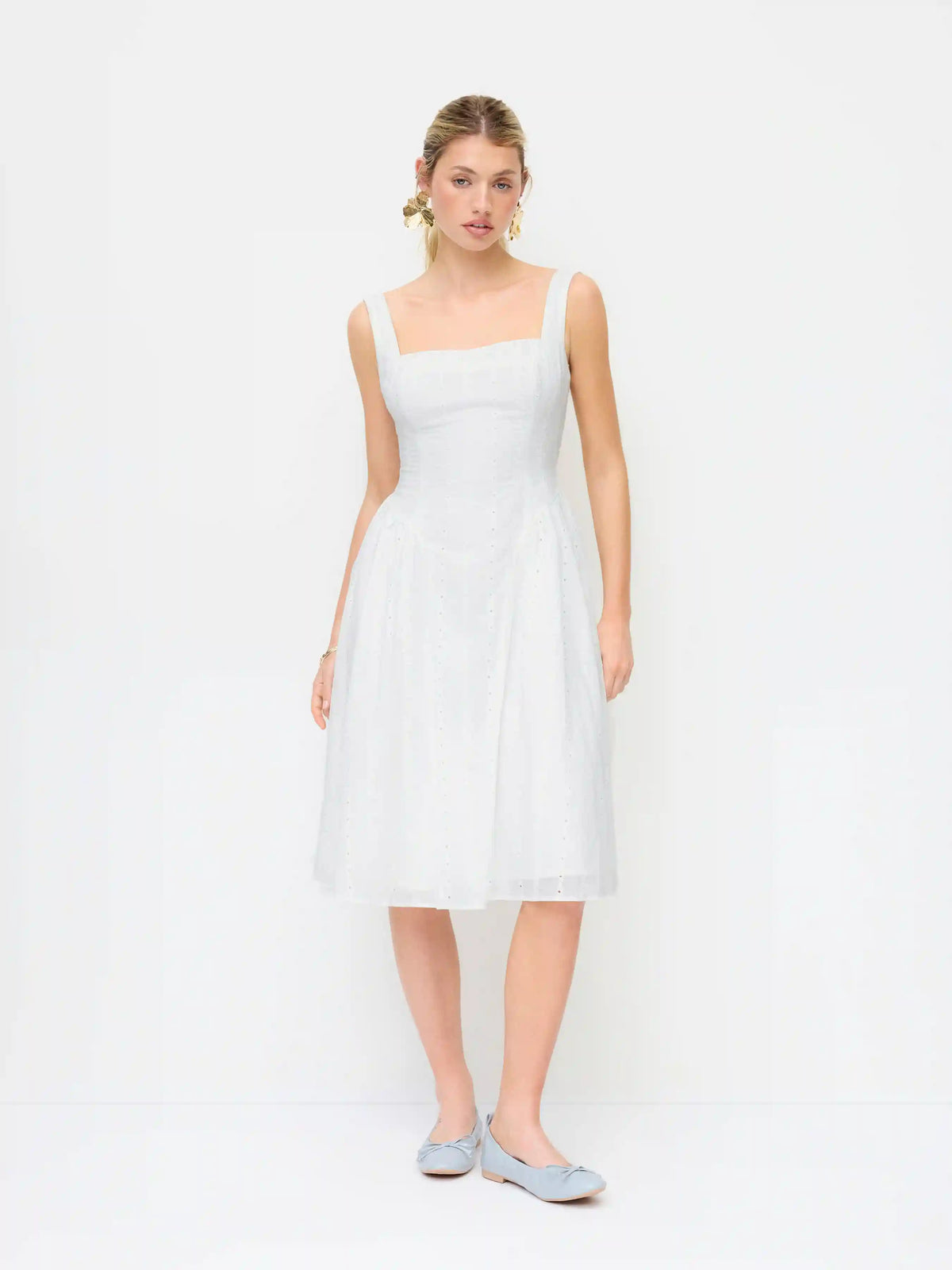 Cotton-blend Square Neck Broderie Anglaise Knotted Midi Dress