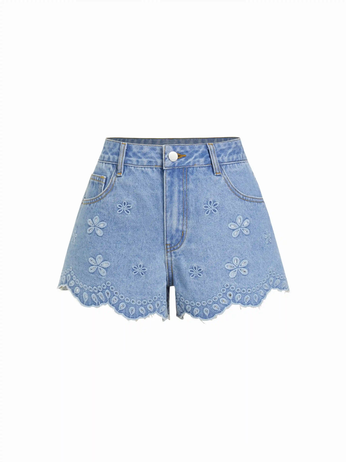 Denim Low Rise Embroidery Floral Scallop Hem Micro Shorts