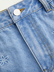 Denim Low Rise Embroidery Floral Scallop Hem Micro Shorts