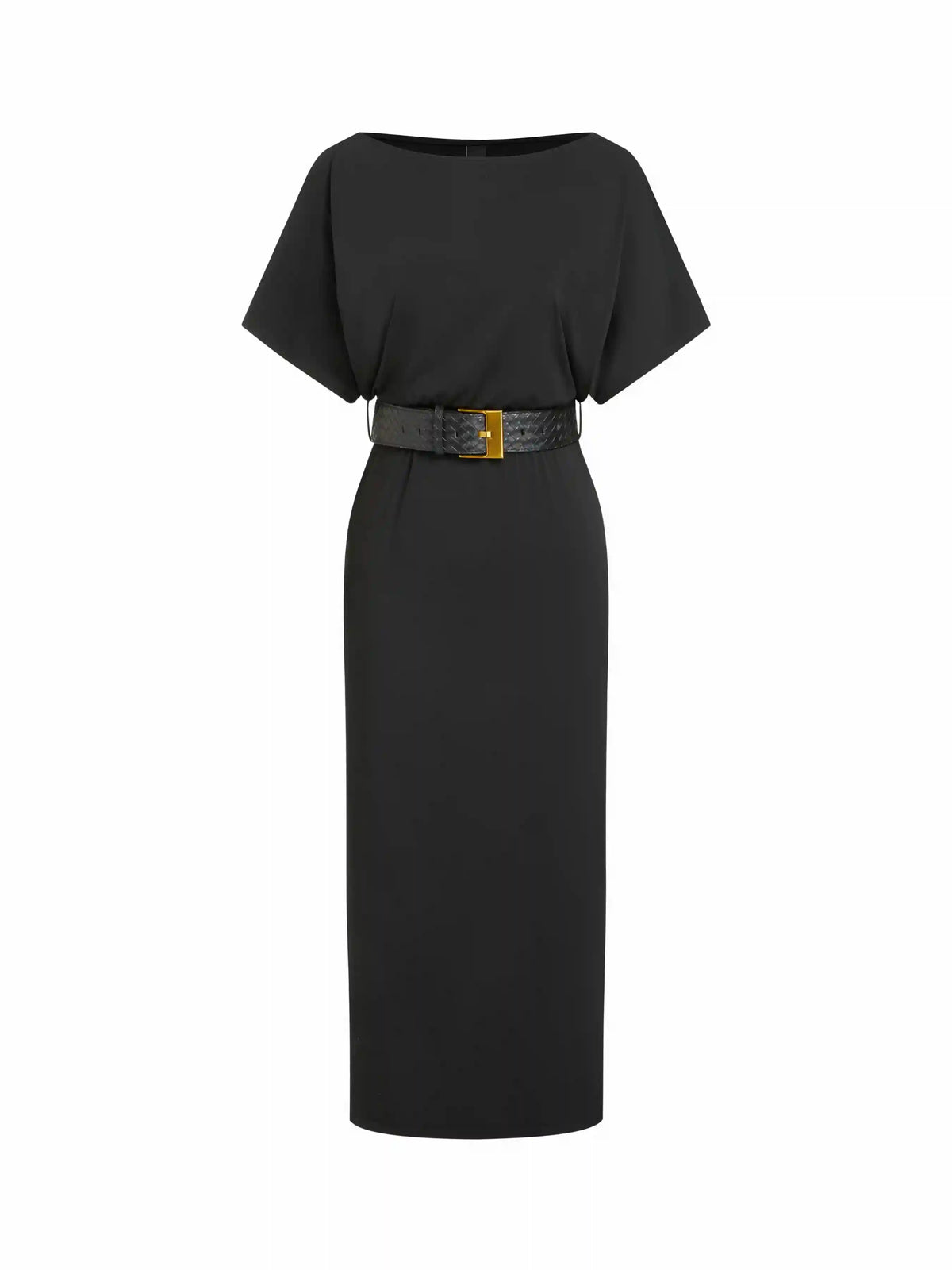 High Stretch Boat Neck Batwing Sleeve Straight Maxi Dress With Belt