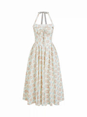 Cotton-blend Sculptural Floral Halter Neck Lace Up Shirred Pleated Flared Midi Dress