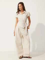 Linen-blend Puff Sleeve Wrap Tie-Front Blouse