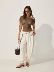 Linen-blend See-Through Off-shoulder Drawstring Top