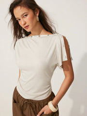 Wool-blend Boat Neck Ruched Short Sleeve Top
