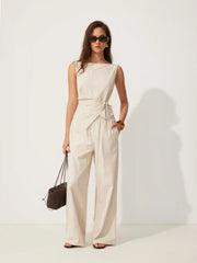 Linen-blend Boat Neck Knotted Top & Mid Rise Capri Straight Leg Trousers Set