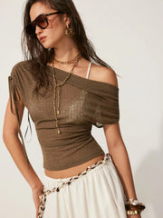 Linen-blend See-Through Off-shoulder Drawstring Top