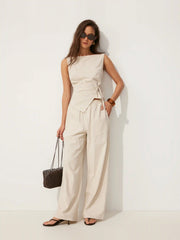Linen-blend Boat Neck Knotted Top & Mid Rise Capri Straight Leg Trousers Set