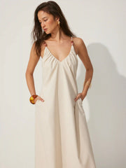 Linen-blend V-neck Ruched Flared Maxi Dress