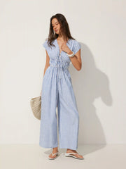 Cotton-blend V-neck Stripes Drawstring Wide Leg Jumpsuit