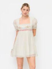 Textured Floral Embroidery Square Neck Puff Sleeve Milkmaid Mini Dress