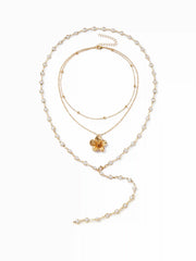 FLOWER & FAUX PEARL LAYERED NECKLACE