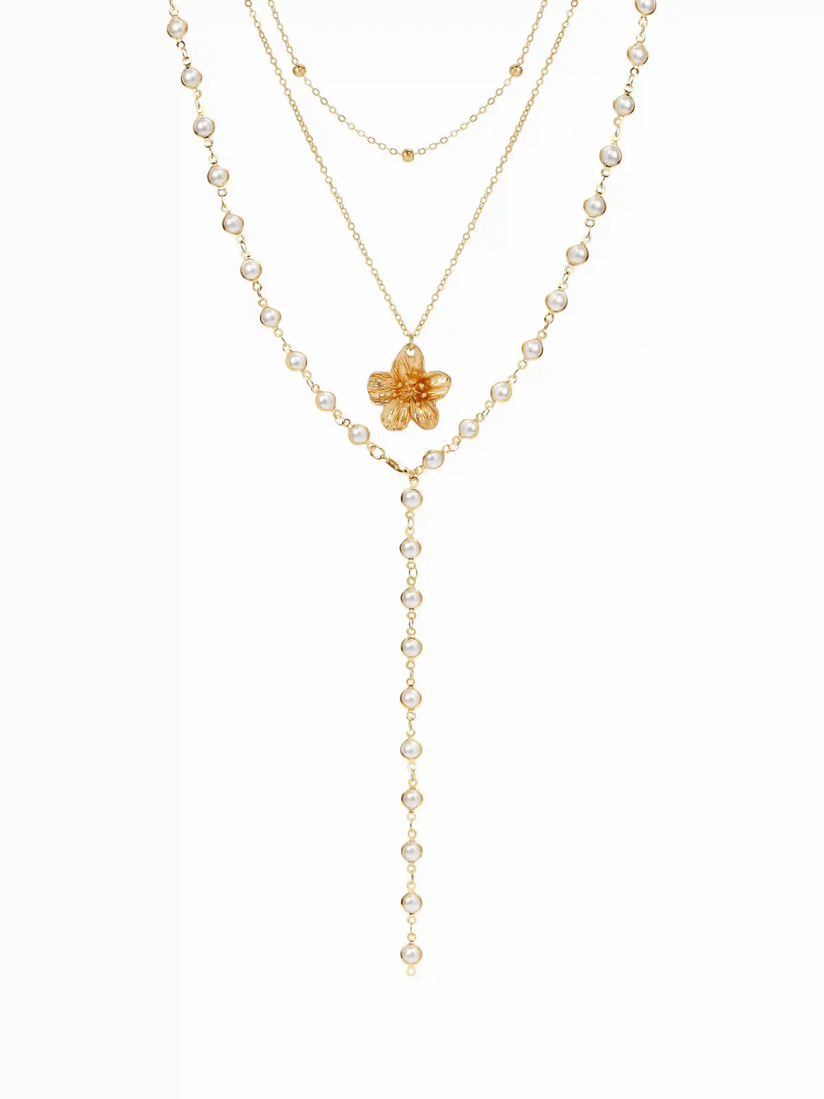 FLOWER & FAUX PEARL LAYERED NECKLACE