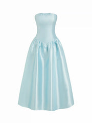 Satin Sculptural High Rise Strapless Bowknot Flared Maxi Dress