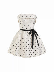 Sculptural Colorblock Polka Dot Knotted Off-Shoulder Flared Mini Dress