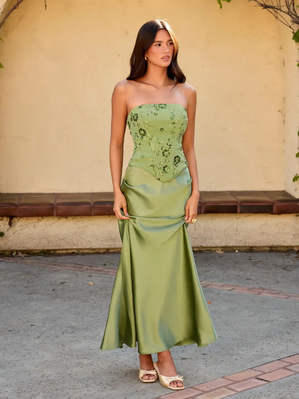 Lace Sculptural Embroidery Floral Corset Top & High Rise Mermaid Maxi Skirt Set