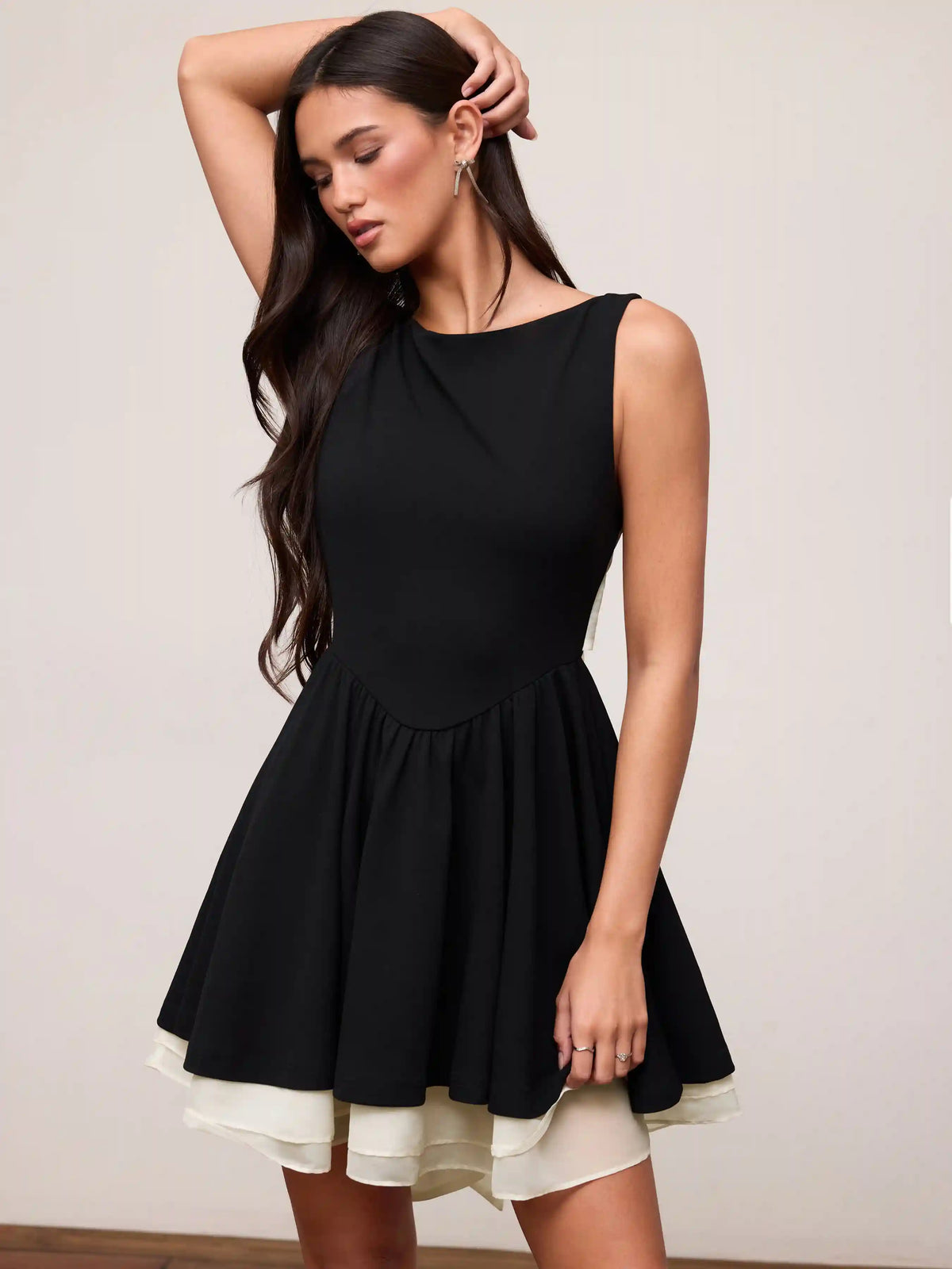 Colorblock Boat Neck High Rise Bowknot Flared Mini Dress
