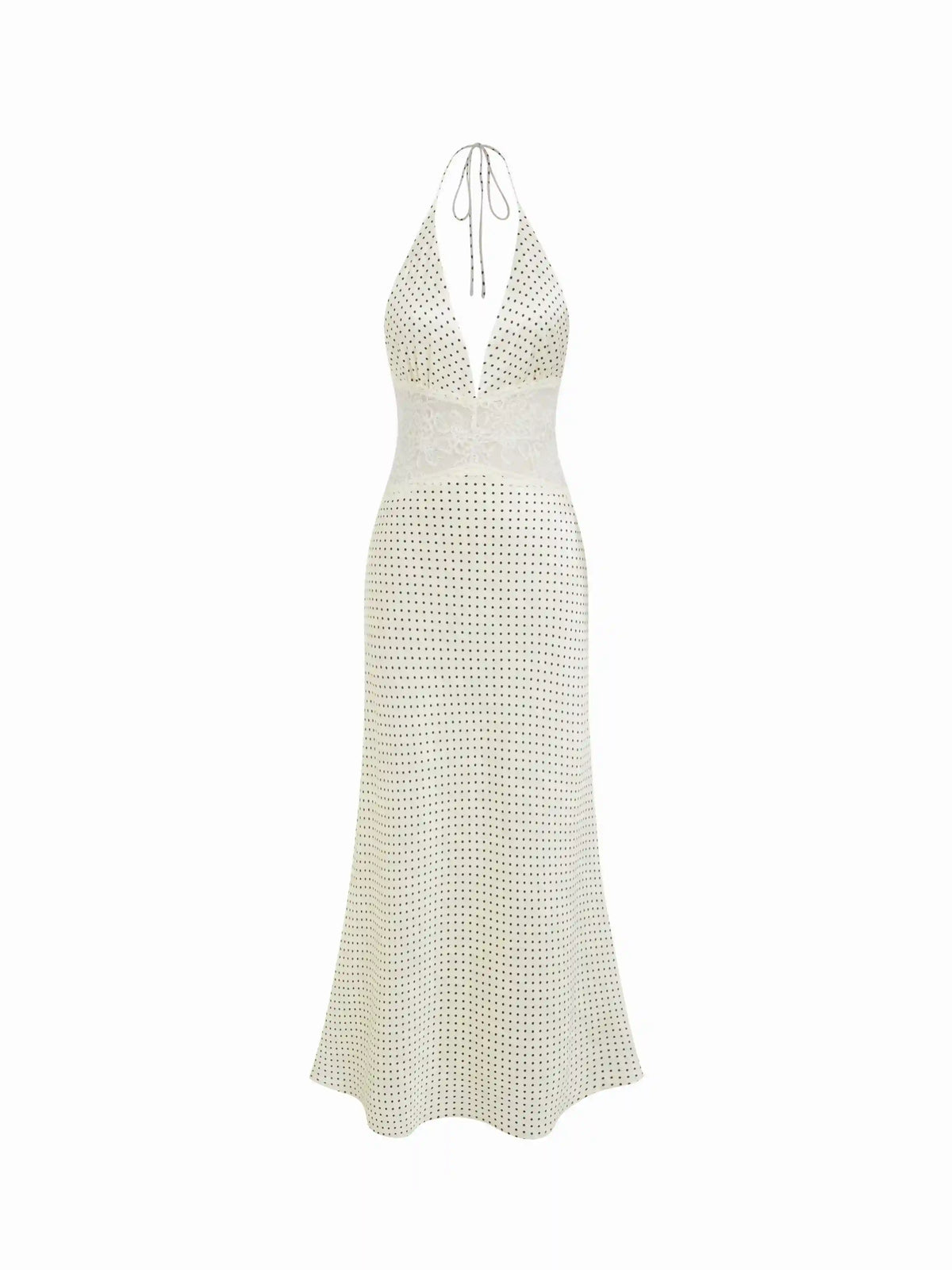 Satin Polka Dot V-neck Lace Panel Mermaid Maxi Dress