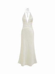Satin Polka Dot V-neck Lace Panel Mermaid Maxi Dress