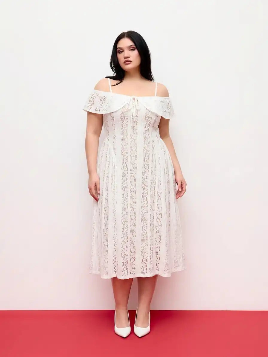 Lace Off-Shoulder Knotted Flared Maxi Dress Curve & Plus