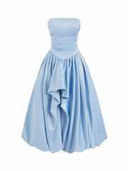 Satin Strapless Ruched Lace-up High Rise Bubble Maxi Dress
