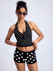 Knit Polka Dot Halter Neck Crop Top & Micro Shorts Set