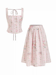 Textured Floral Square Neck Corset Top & Mid Rise Flared Midi Skirt Set