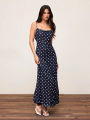 Mesh Polka Dot Lace Panel High Rise Mermaid Maxi Dress