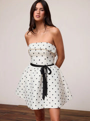 Sculptural Colorblock Polka Dot Knotted Off-Shoulder Flared Mini Dress