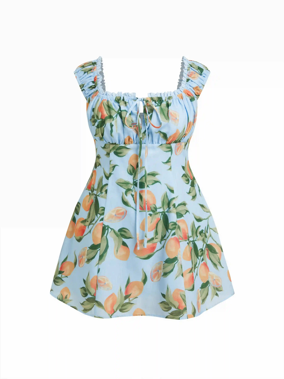 Fruit Print Ruched Knotted Square Neckline A-line Mini Dress Curve & Plus