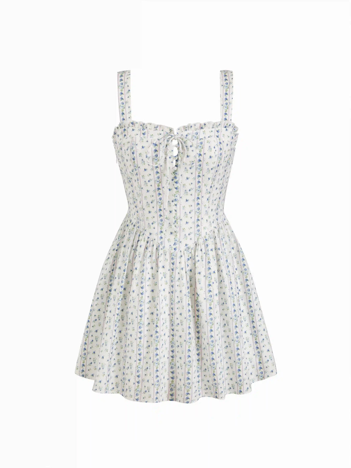 Cotton-blend Ditsy Floral Square Neck Ruffled Flared Mini Dress