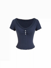 Cotton Textured V-neck Ruched Lace Lettuce Trim Short Sleeve Tee