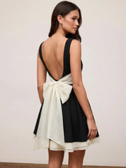 Colorblock Boat Neck High Rise Bowknot Flared Mini Dress