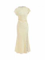 Satin Lace Trim Split Mermaid Maxi Dress