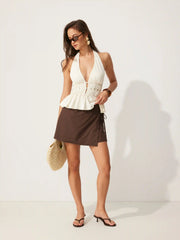 Linen-blend Wrap Front A-line Split Mini Skort