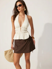 Linen-blend Wrap Front A-line Split Mini Skort