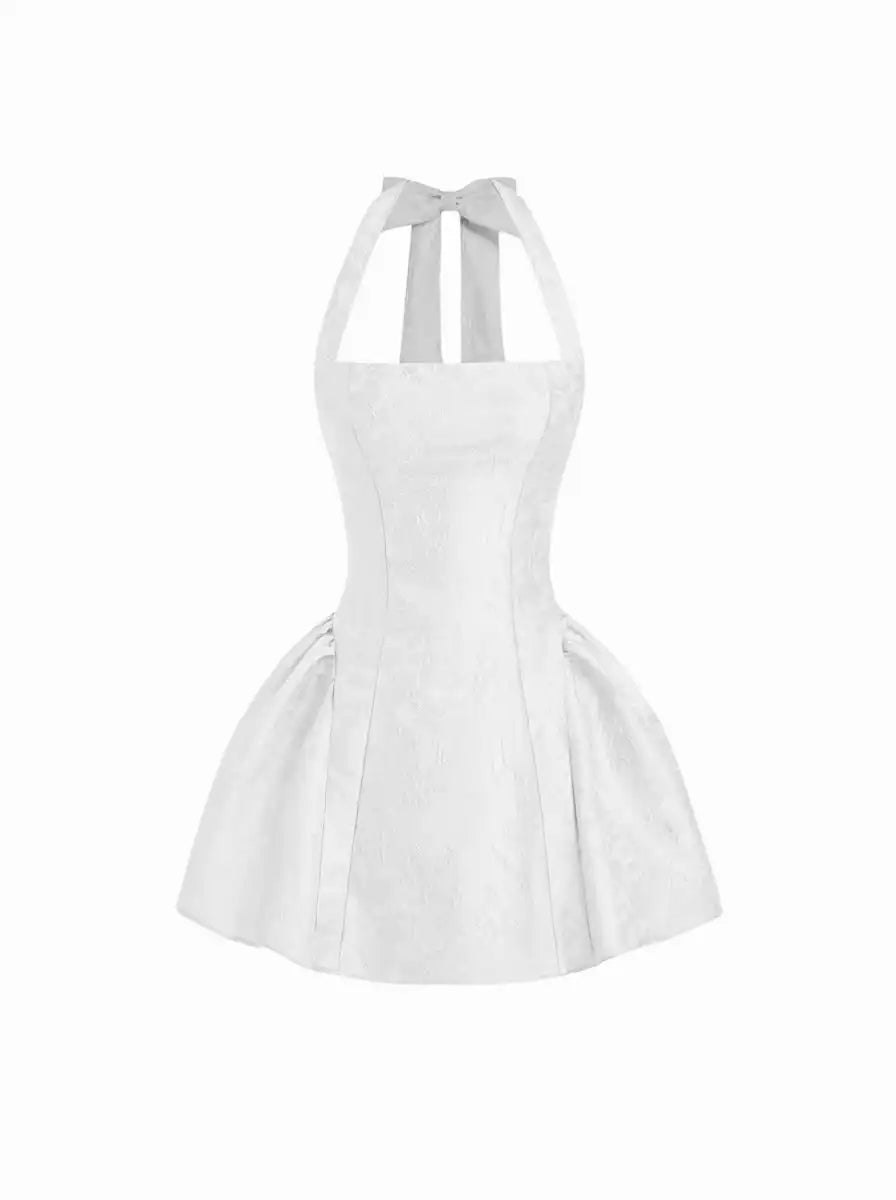 Jacquard Sculptural Halter Neckline Floral Bowknot Ruched Flared Mini Dress