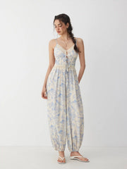 Cotton-blend Floral Sweetheart Cami Lace Trim Drawstring Barrel-leg Jumpsuit