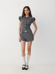 Puff Sleeve Collar Cropped Top & Low Rise Straight Leg Shorts Set