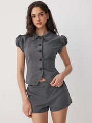 Puff Sleeve Collar Cropped Top & Low Rise Straight Leg Shorts Set