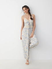 Cotton-blend Floral Sweetheart Cami Lace Trim Drawstring Barrel-leg Jumpsuit