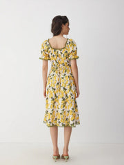 Cotton Lemon Graphic Sweetheart Puff Sleeve Lace Trim Midi Dress