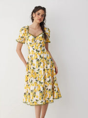 Cotton Lemon Graphic Sweetheart Puff Sleeve Lace Trim Midi Dress