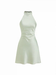 Satin Halter Neckline Backless Bowknot A-line Mini Dress