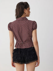 Cotton Plaid Puff Sleeve Asymmetrical Blouse