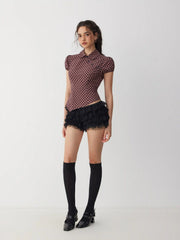 Cotton Plaid Puff Sleeve Asymmetrical Blouse