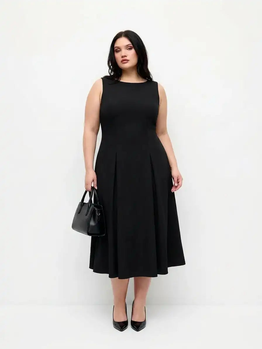 Boat Neck Pleated A-line Midi Cami Dress Curve & Plus