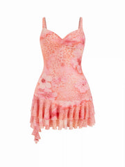 Mesh Sweetheart Neckline Floral Asymmetrical Layered Ruffle Hem Mini Dress Curve & Plus