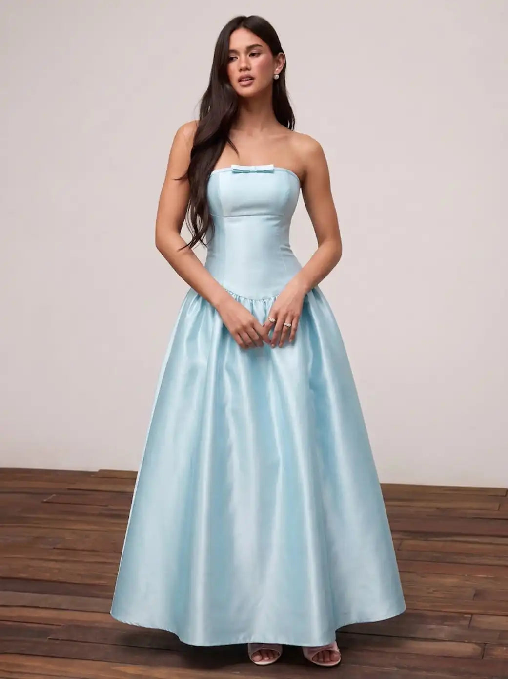 Satin Sculptural High Rise Strapless Bowknot Flared Maxi Dress